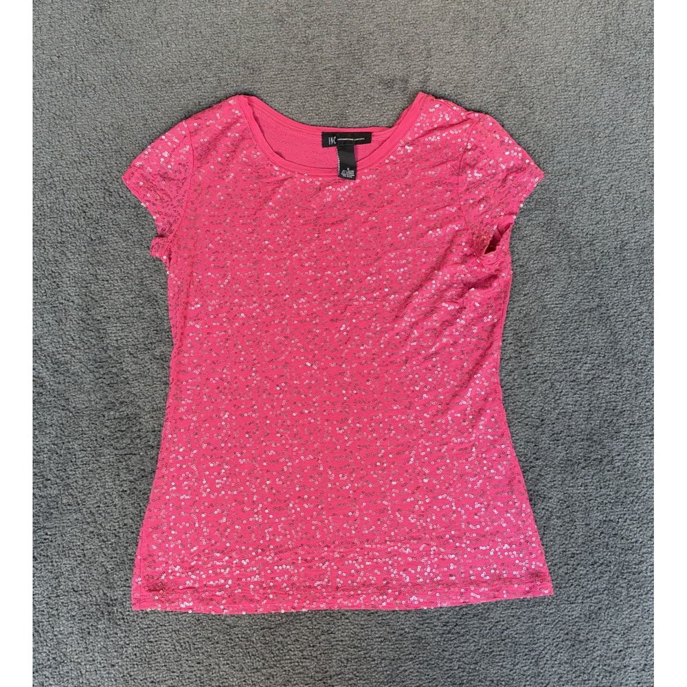INC International Concepts Pink Sequin Cap Sleeve Scoop Neck Top Womens Small